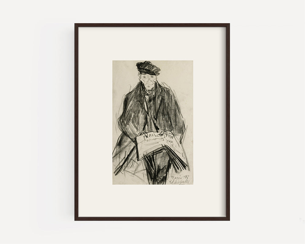 Mid-Century Vintage French Portrait of Gentleman Reading Newspaper, Charcoal on Paper. Signed by French Artist Edouard Righetti, 1948