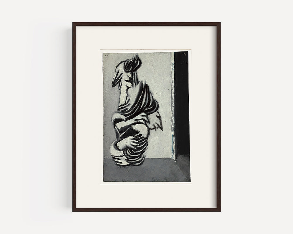 Mid-Century Vintage Abstract Grey Figure Oil Painting on Paper, Signed and dated by French Artist Renee Audebes, 1970.