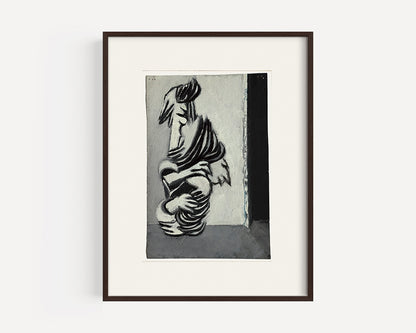 Mid-Century Vintage Abstract Grey Figure Oil Painting on Paper, Signed and dated by French Artist Renee Audebes, 1970.