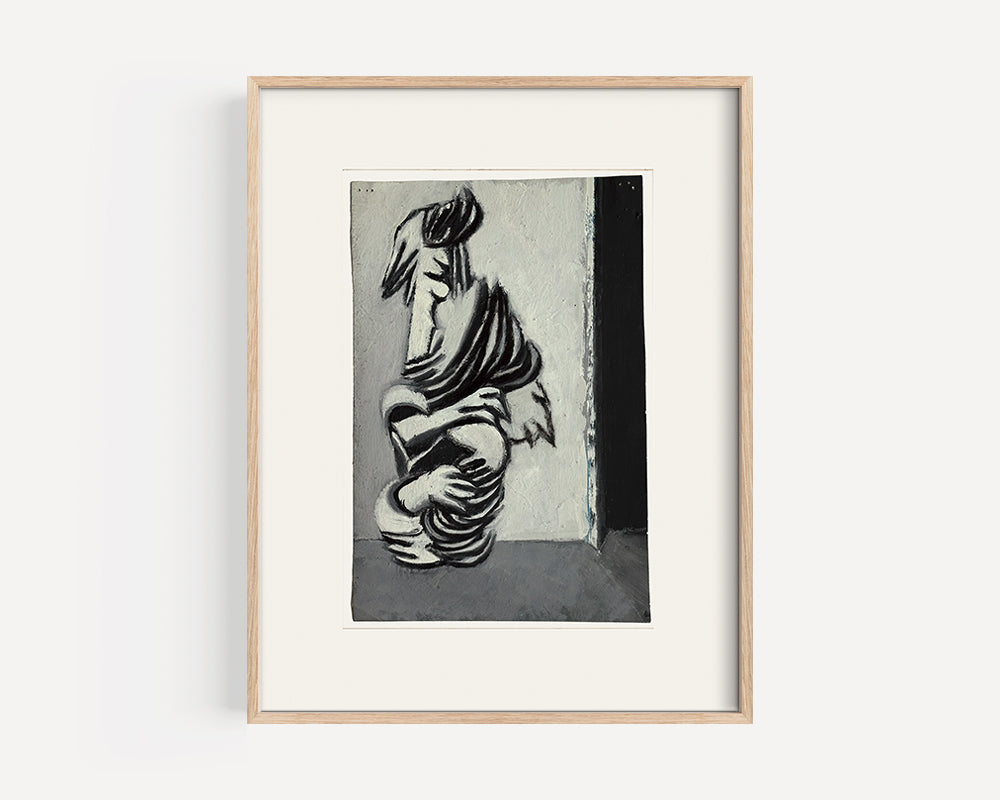 Mid-Century Vintage Abstract Grey Figure Oil Painting on Paper, Signed and dated by French Artist Renee Audebes, 1970.