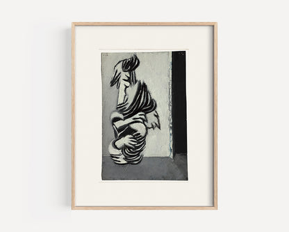 Mid-Century Vintage Abstract Grey Figure Oil Painting on Paper, Signed and dated by French Artist Renee Audebes, 1970.