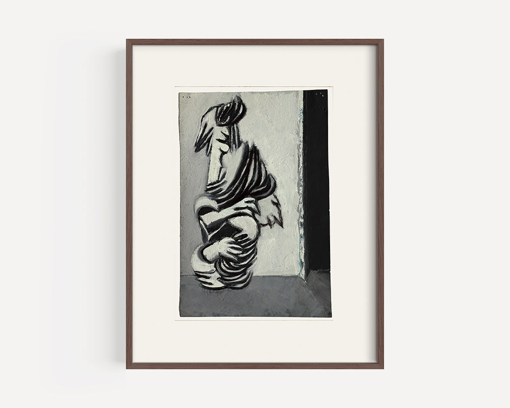 Mid-Century Vintage Abstract Grey Figure Oil Painting on Paper, Signed and dated by French Artist Renee Audebes, 1970.