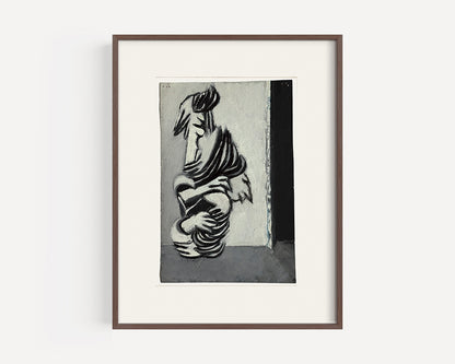 Mid-Century Vintage Abstract Grey Figure Oil Painting on Paper, Signed and dated by French Artist Renee Audebes, 1970.