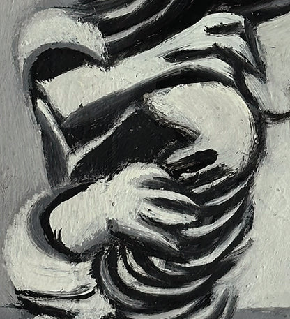 Mid-Century Vintage Abstract Grey Figure Oil Painting on Paper, Signed and dated by French Artist Renee Audebes, 1970.