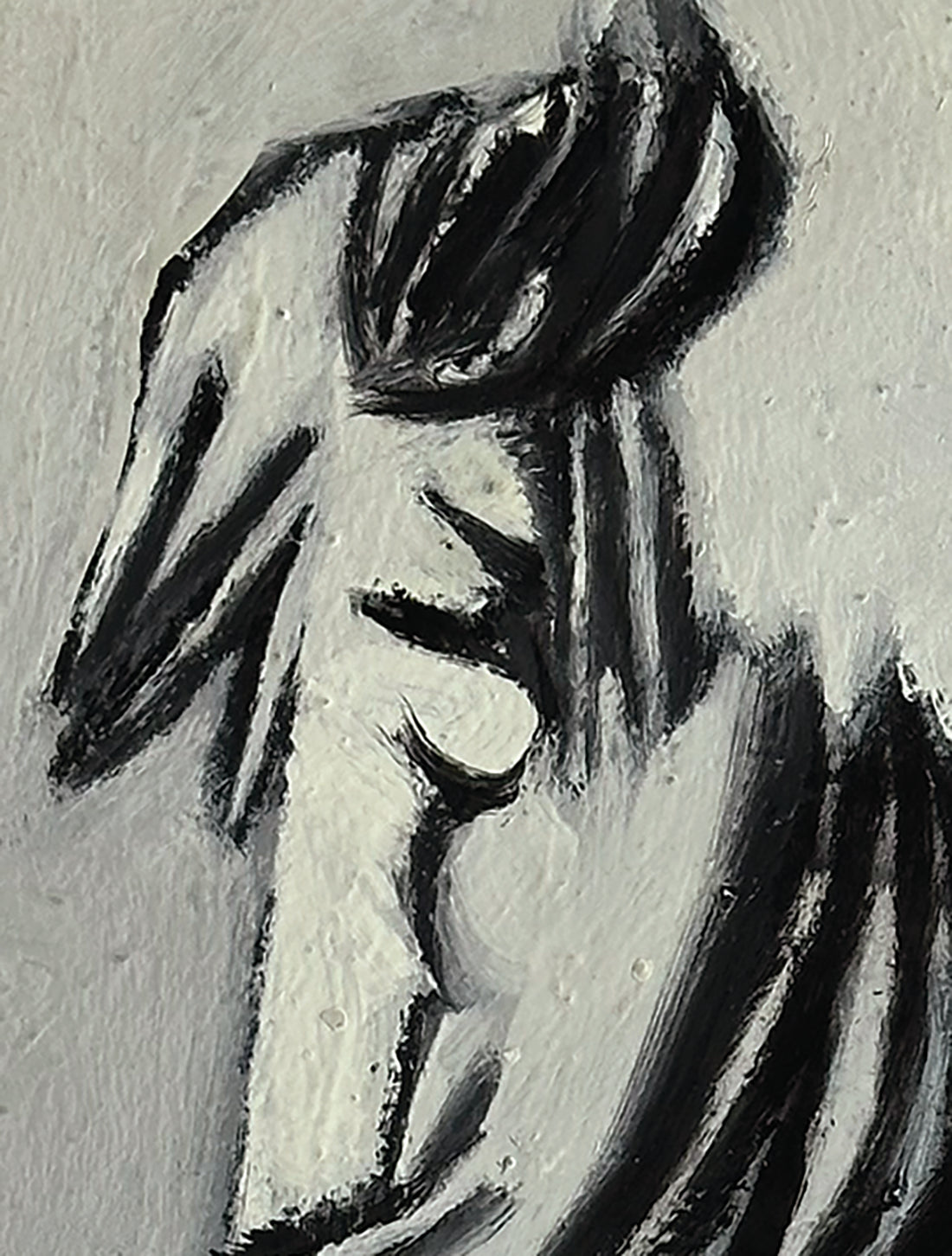 Mid-Century Vintage Abstract Grey Figure Oil Painting on Paper, Signed and dated by French Artist Renee Audebes, 1970.