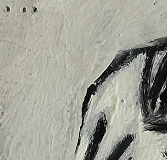 Mid-Century Vintage Abstract Grey Figure Oil Painting on Paper, Signed and dated by French Artist Renee Audebes, 1970.
