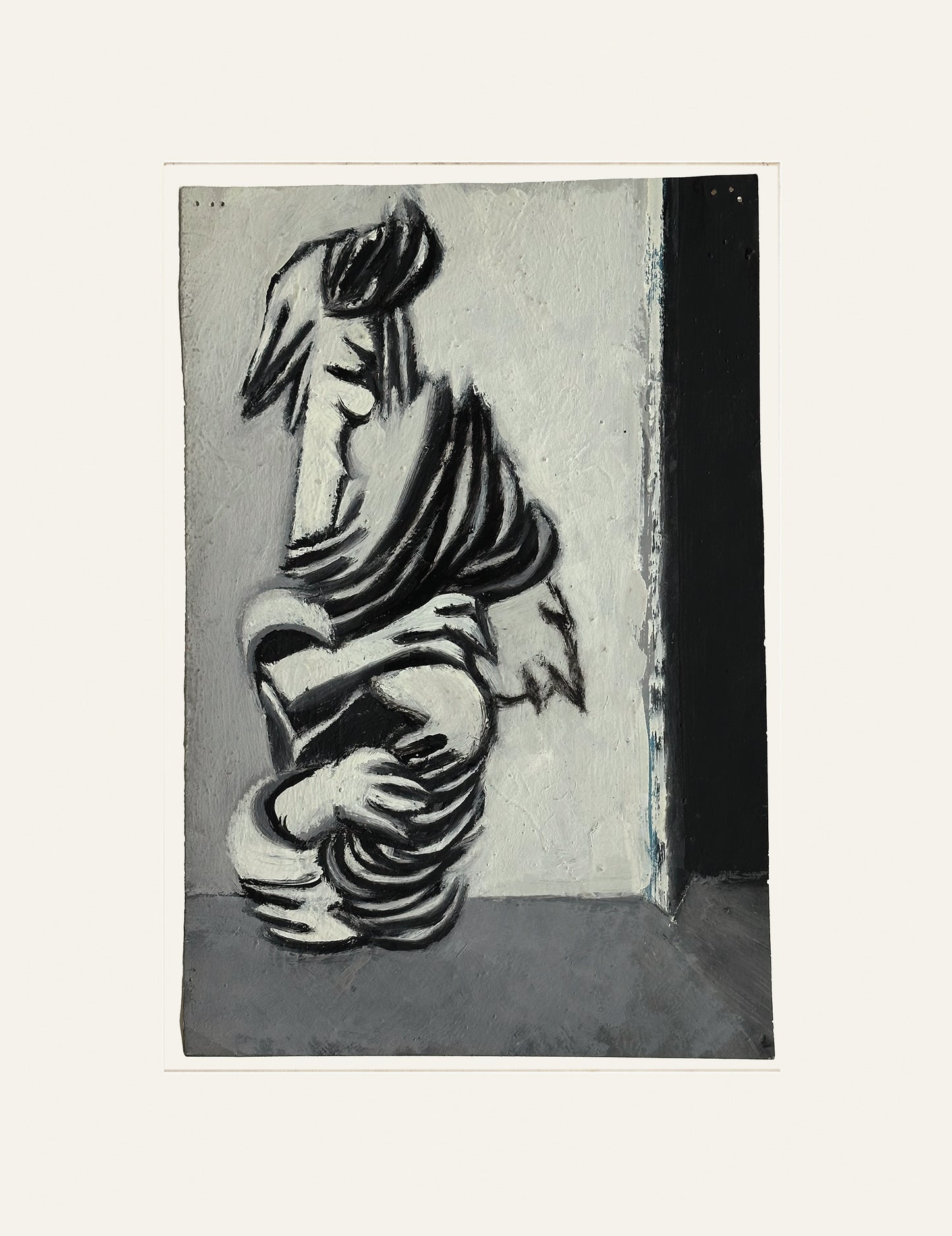 Mid-Century Vintage Abstract Grey Figure Oil Painting on Paper, Signed and dated by French Artist Renee Audebes, 1970.