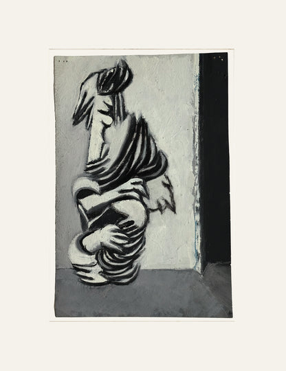 Mid-Century Vintage Abstract Grey Figure Oil Painting on Paper, Signed and dated by French Artist Renee Audebes, 1970.