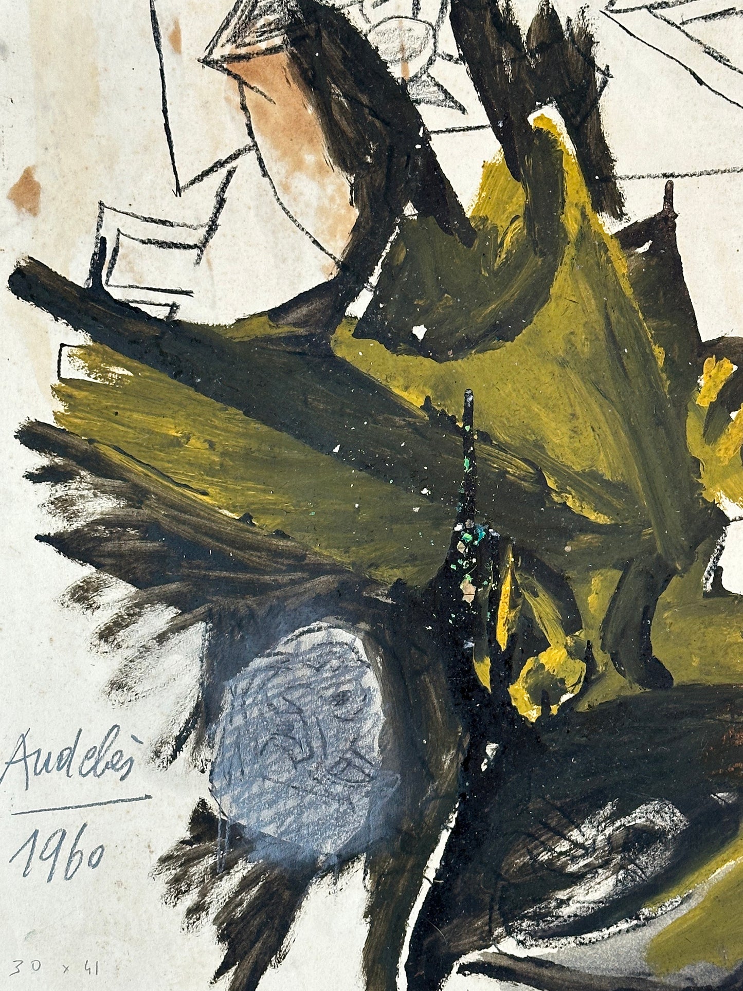 Mid 20th Century Vintage Abstract Figure Painting in Oil on Paper. Signed by French Artist Renee Audebes, 1960