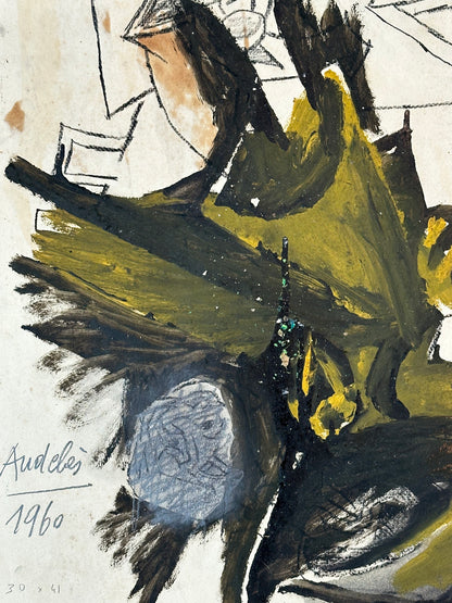 Mid 20th Century Vintage Abstract Figure Painting in Oil on Paper. Signed by French Artist Renee Audebes, 1960