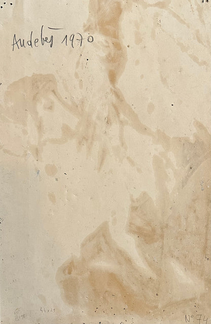 Mid-Century Vintage Abstract Grey Figure Oil Painting on Paper, Signed and dated by French Artist Renee Audebes, 1970.
