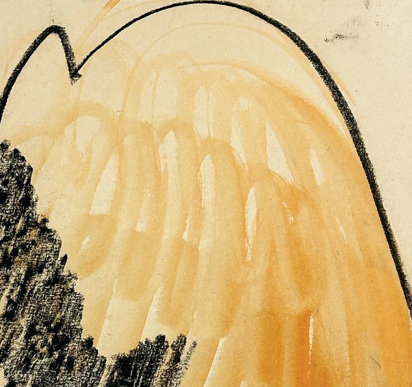 Mid-Century Modern Vintage Abstract Form in Orange and Black Mixed Media on Paper, Signed by European Artist Dreys, 1954