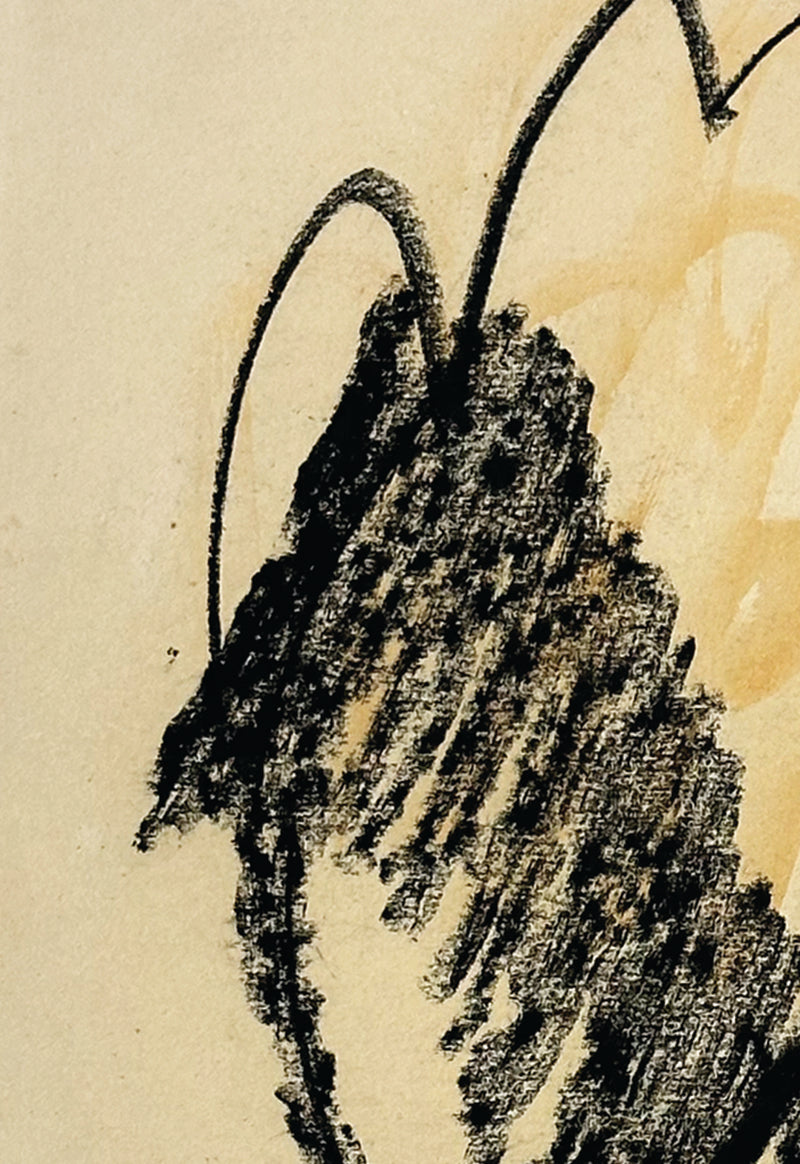 Mid-Century Modern Vintage Abstract Form in Orange and Black Mixed Media on Paper, Signed by European Artist Dreys, 1954