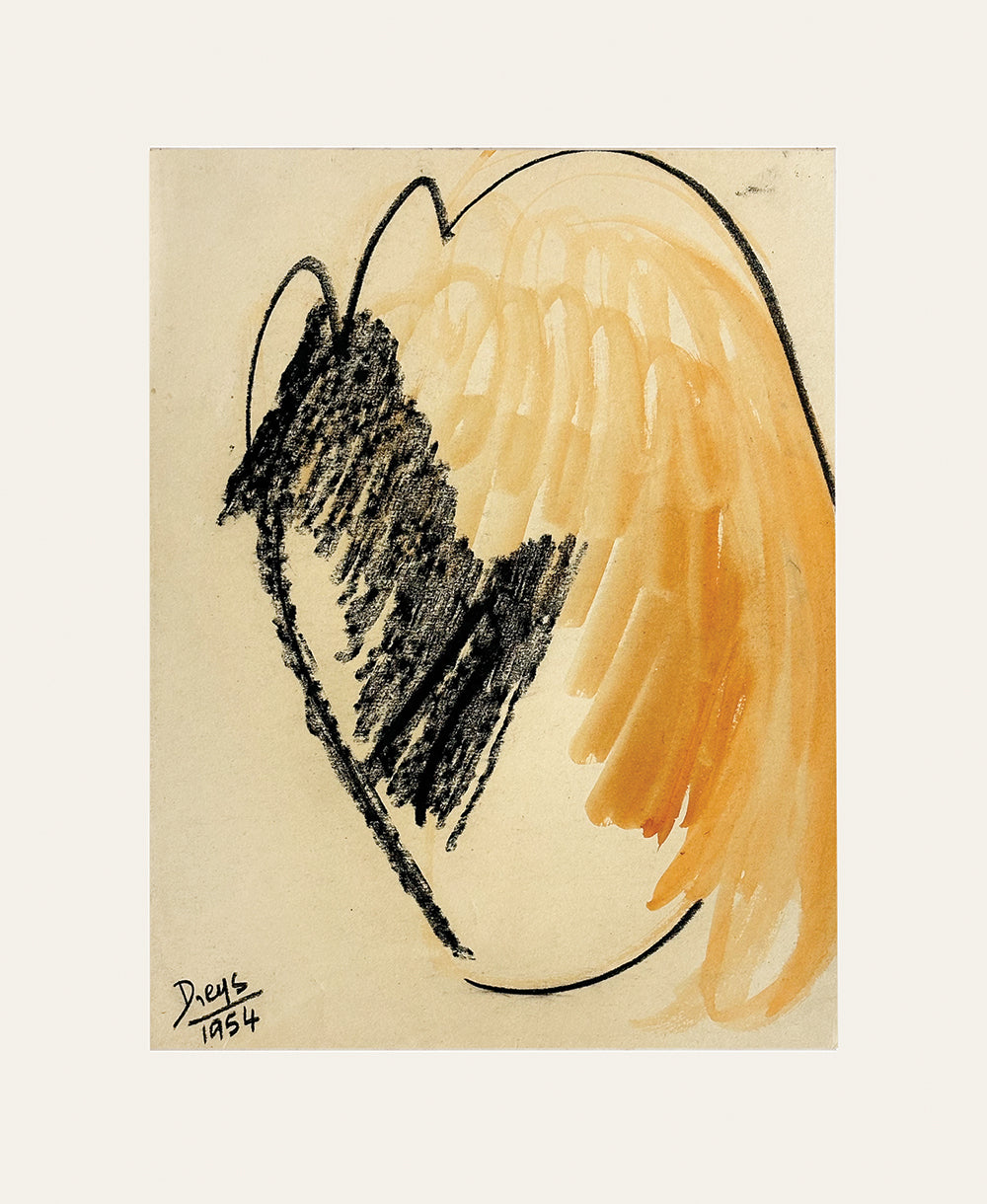 Mid-Century Modern Vintage Abstract Form in Orange and Black Mixed Media on Paper, Signed by European Artist Dreys, 1954