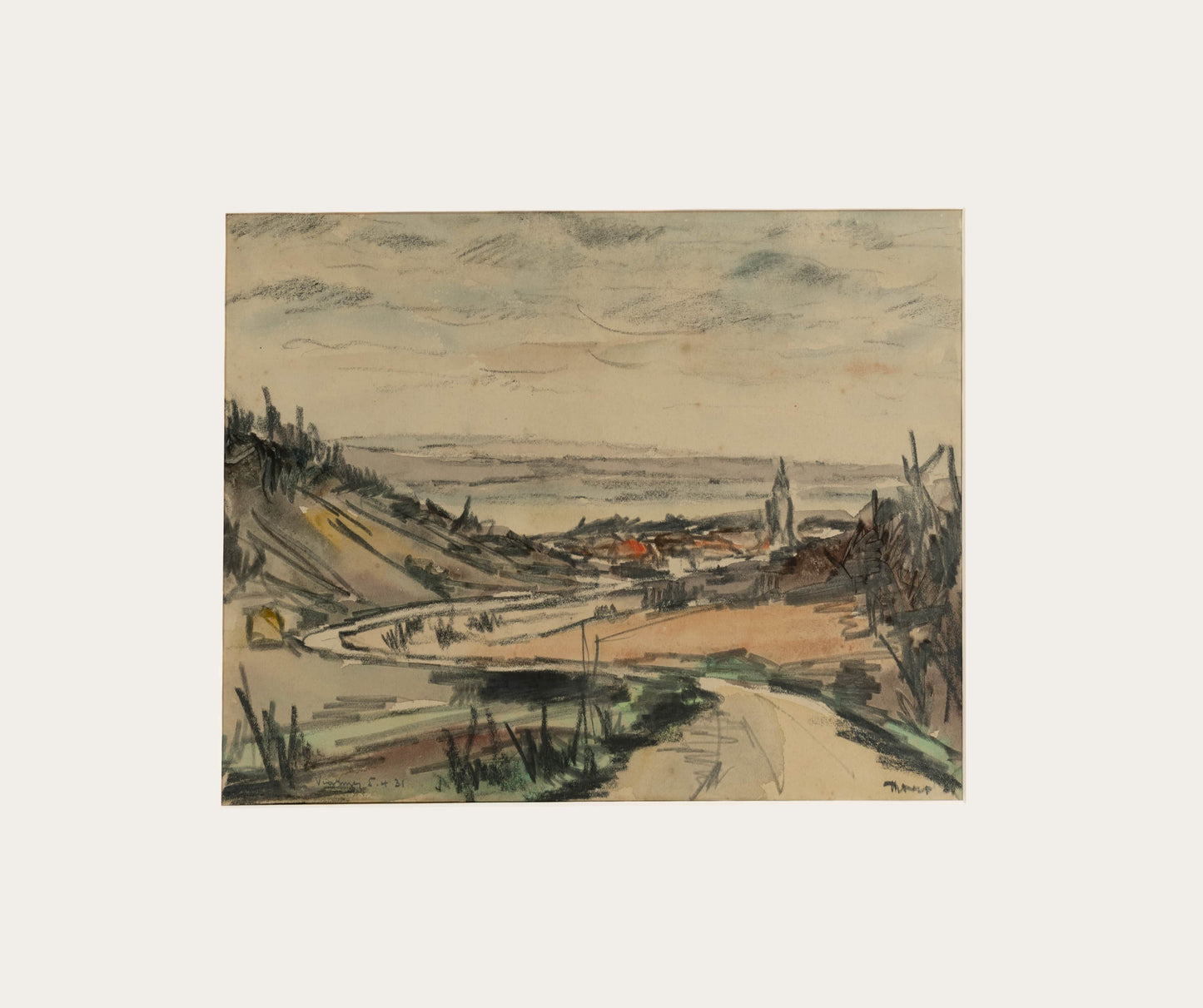 Early 1900's Vintage French Expressionist Seaside Landscape Painting in Mixed Media, Signed by Artist, 1931