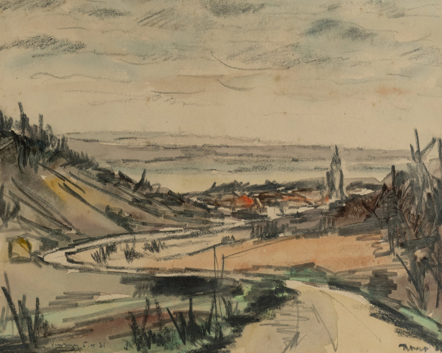 Early 1900's Vintage French Expressionist Seaside Landscape Painting in Mixed Media, Signed by Artist, 1931