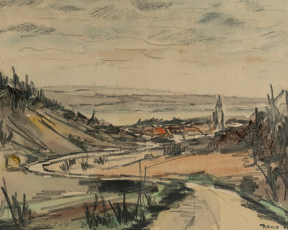 Early 1900's Vintage French Expressionist Seaside Landscape Painting in Mixed Media, Signed by Artist, 1931