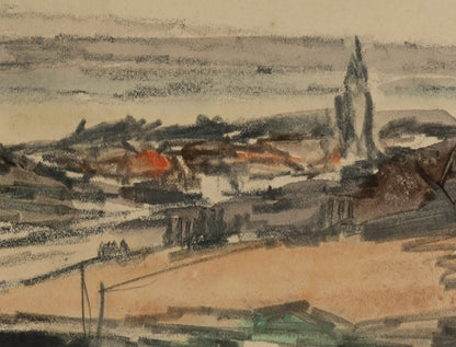 Early 1900's Vintage French Expressionist Seaside Landscape Painting in Mixed Media, Signed by Artist, 1931