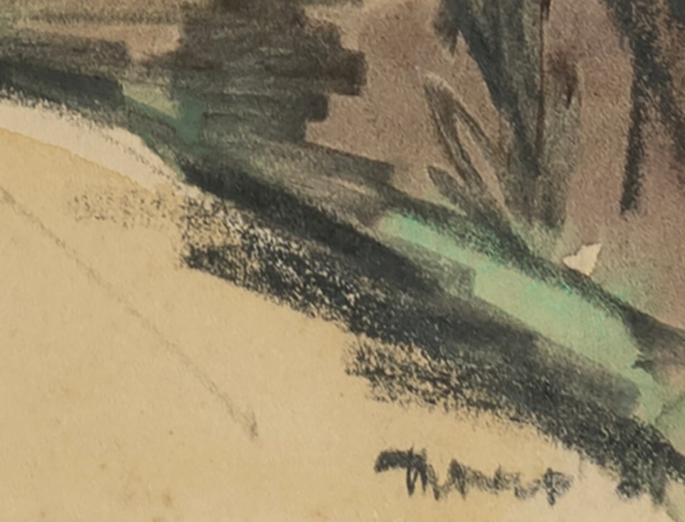 Early 1900's Vintage French Expressionist Seaside Landscape Painting in Mixed Media, Signed by Artist, 1931