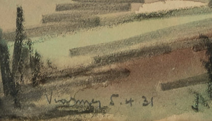 Early 1900's Vintage French Expressionist Seaside Landscape Painting in Mixed Media, Signed by Artist, 1931