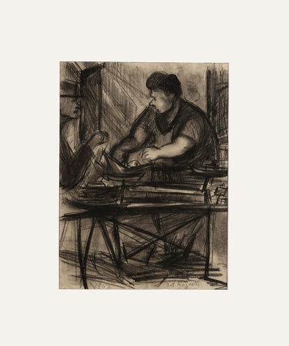 Mid-Century Modern Vintage French Charcoal Drawing of French Worker in City Scene. Signed by French Artist Edouard Righetti, 1957