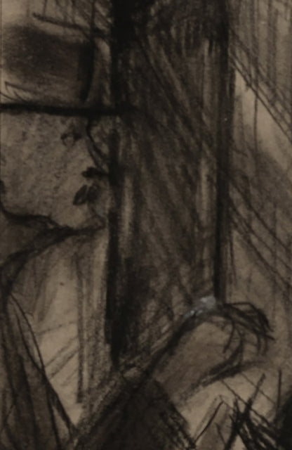 Mid-Century Modern Vintage French Charcoal Drawing of French Worker in City Scene. Signed by French Artist Edouard Righetti, 1957