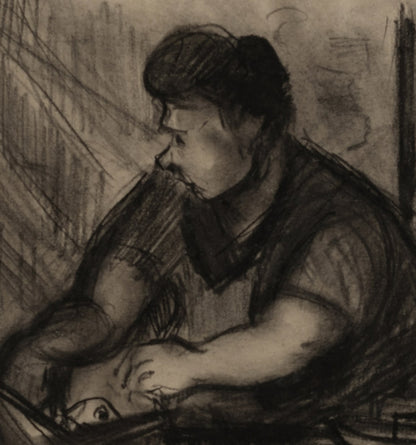 Mid-Century Modern Vintage French Charcoal Drawing of French Worker in City Scene. Signed by French Artist Edouard Righetti, 1957
