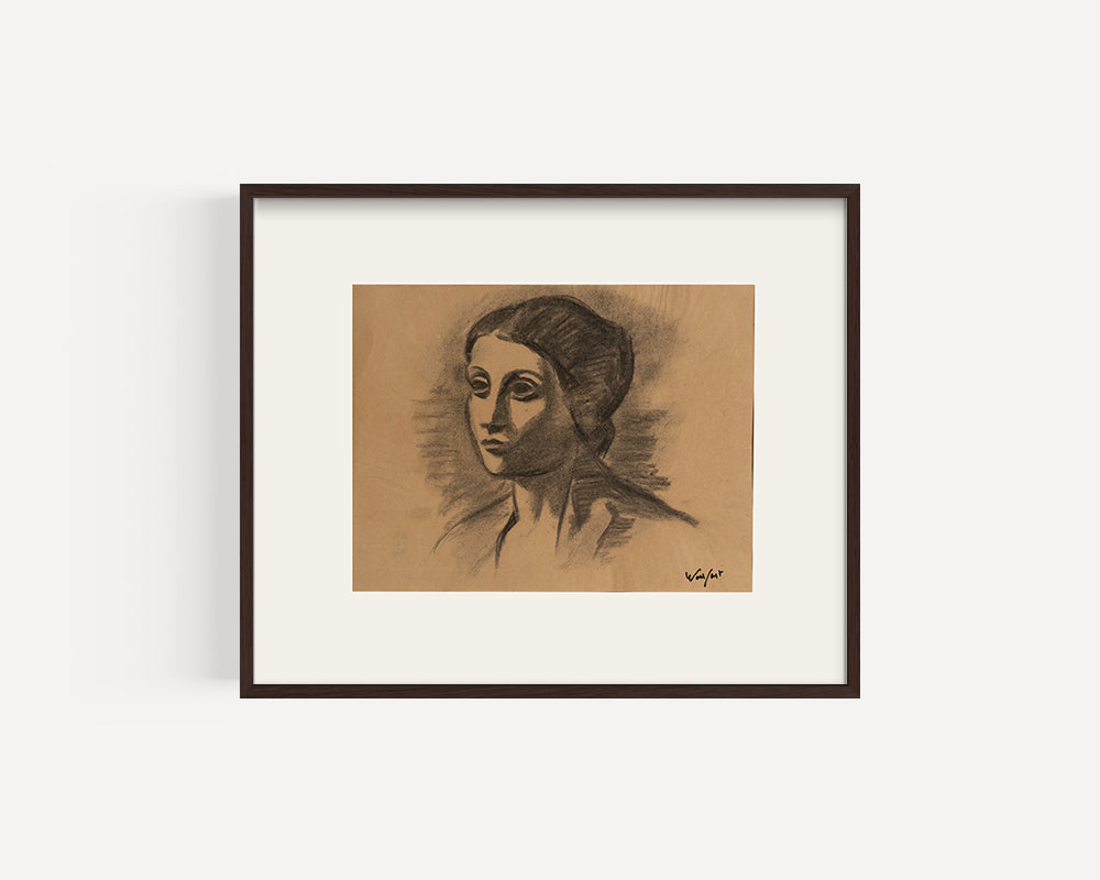 Mid-Century Modern Vintage European Portrait of Woman in Manner of Picasso, Charcoal on Paper. Signed by French artist Marius Woulfart