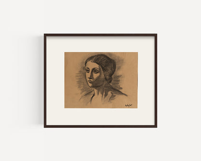 Mid-Century Modern Vintage European Portrait of Woman in Manner of Picasso, Charcoal on Paper. Signed by French artist Marius Woulfart