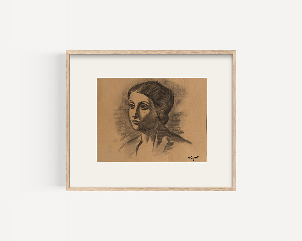 Mid-Century Modern Vintage European Portrait of Woman in Manner of Picasso, Charcoal on Paper. Signed by French artist Marius Woulfart