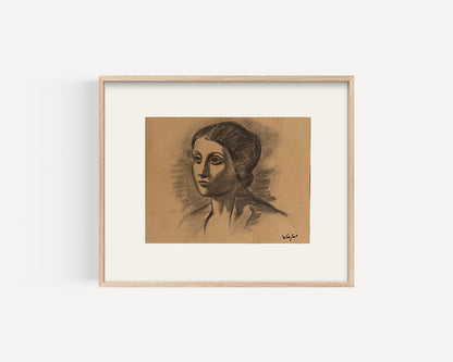 Mid-Century Modern Vintage European Portrait of Woman in Manner of Picasso, Charcoal on Paper. Signed by French artist Marius Woulfart