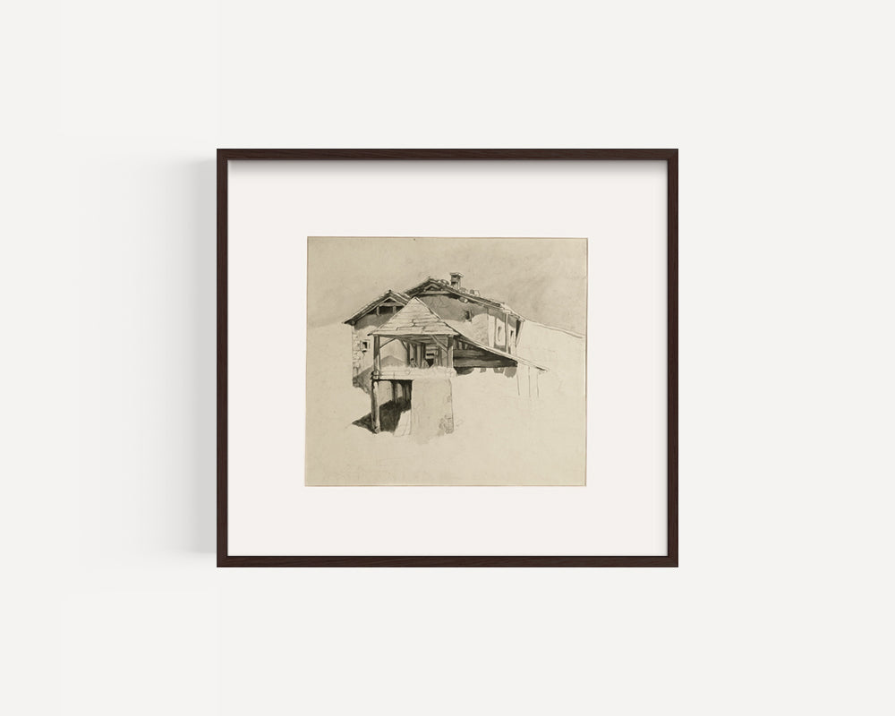 Mid-Century Modern Vintage European Architectural Scenic Landscape Watercolor Painting on Paper