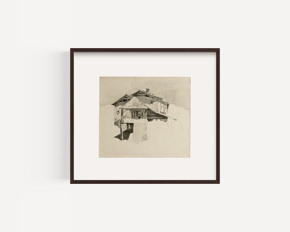 Mid-Century Modern Vintage European Architectural Scenic Landscape Watercolor Painting on Paper