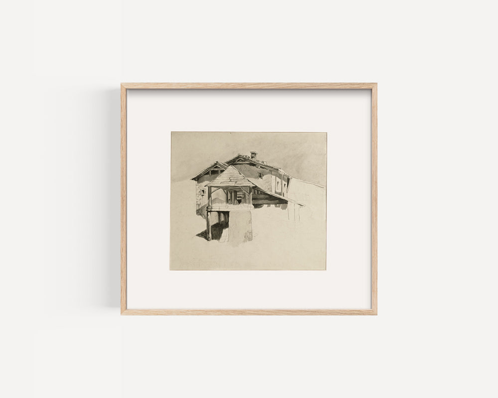 Mid-Century Modern Vintage European Architectural Scenic Landscape Watercolor Painting on Paper