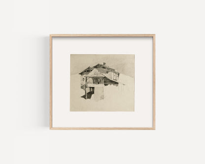 Mid-Century Modern Vintage European Architectural Scenic Landscape Watercolor Painting on Paper