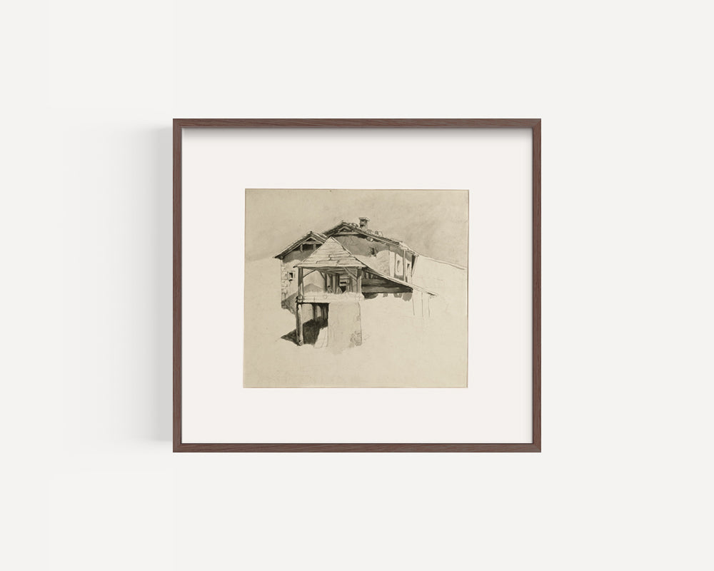 Mid-Century Modern Vintage European Architectural Scenic Landscape Watercolor Painting on Paper