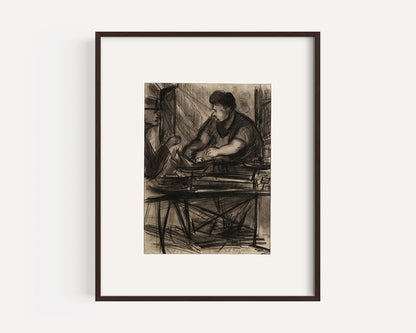 Mid-Century Modern Vintage French Charcoal Drawing of French Worker in City Scene. Signed by French Artist Edouard Righetti, 1957