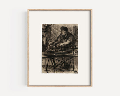 Mid-Century Modern Vintage French Charcoal Drawing of French Worker in City Scene. Signed by French Artist Edouard Righetti, 1957