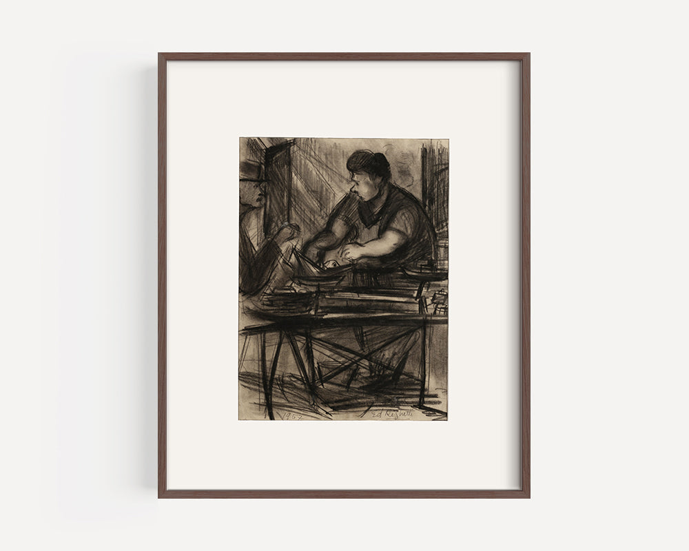 Mid-Century Modern Vintage French Charcoal Drawing of French Worker in City Scene. Signed by French Artist Edouard Righetti, 1957