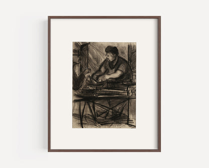 Mid-Century Modern Vintage French Charcoal Drawing of French Worker in City Scene. Signed by French Artist Edouard Righetti, 1957