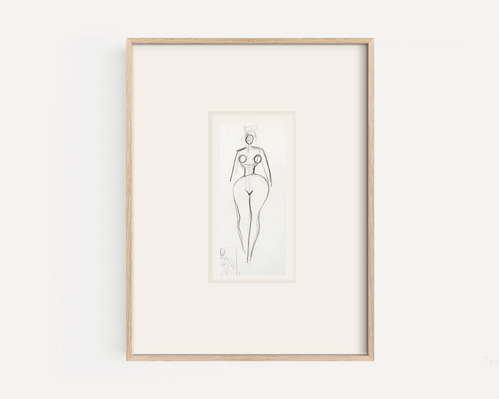 Small Vintage French Mid-Century Modern Abstract Female Nude Figural Line Drawing in Graphite on Paper