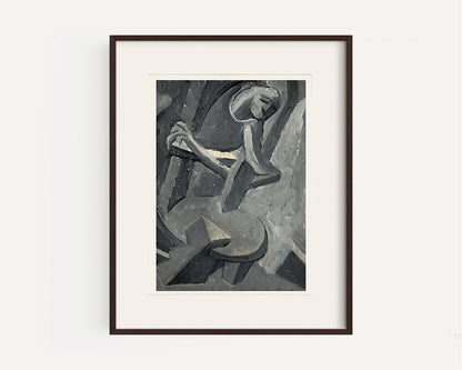 Mid 20th Century Vintage Abstract Figure Painting in Oil on Paper. Signed by French Artist Renee Audebes, 1960