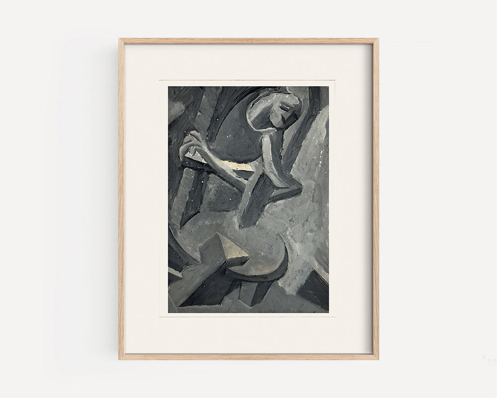 Mid 20th Century Vintage Abstract Figure Painting in Oil on Paper. Signed by French Artist Renee Audebes, 1960