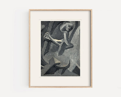Mid 20th Century Vintage Abstract Figure Painting in Oil on Paper. Signed by French Artist Renee Audebes, 1960