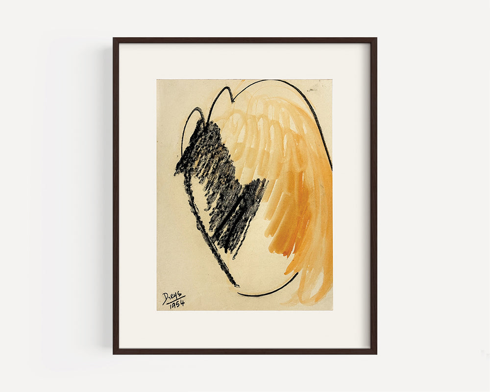 Mid-Century Modern Vintage Abstract Form in Orange and Black Mixed Media on Paper, Signed by European Artist Dreys, 1954