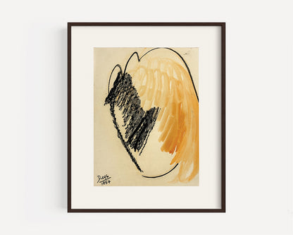 Mid-Century Modern Vintage Abstract Form in Orange and Black Mixed Media on Paper, Signed by European Artist Dreys, 1954
