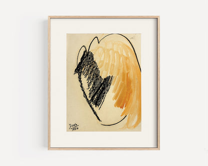 Mid-Century Modern Vintage Abstract Form in Orange and Black Mixed Media on Paper, Signed by European Artist Dreys, 1954