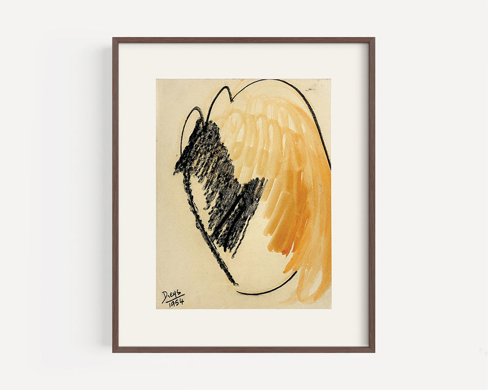 Mid-Century Modern Vintage Abstract Form in Orange and Black Mixed Media on Paper, Signed by European Artist Dreys, 1954