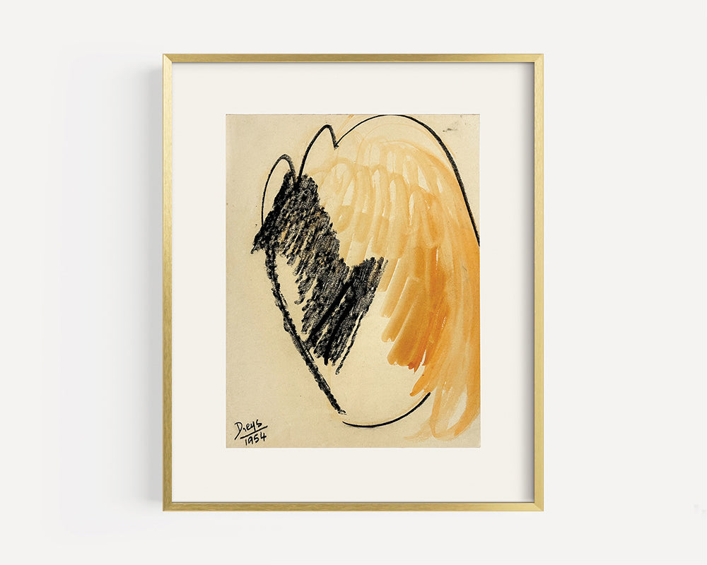 Mid-Century Modern Vintage Abstract Form in Orange and Black Mixed Media on Paper, Signed by European Artist Dreys, 1954