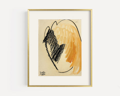 Mid-Century Modern Vintage Abstract Form in Orange and Black Mixed Media on Paper, Signed by European Artist Dreys, 1954